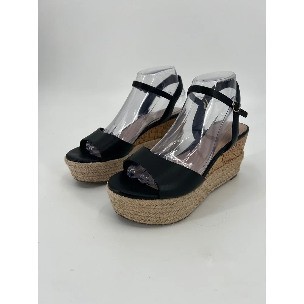 Aldo Black Platform Wedge Espadrille Sandals Cork Jute Ankle Strap Womens 8